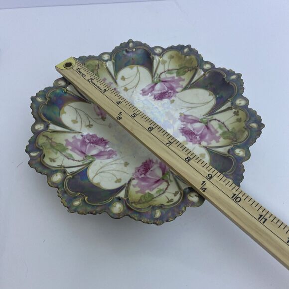 Vintage Hand-Painted Floral Porcelain Plate Pink Roses Scalloped Edge Iridescent - Picture 13 of 13